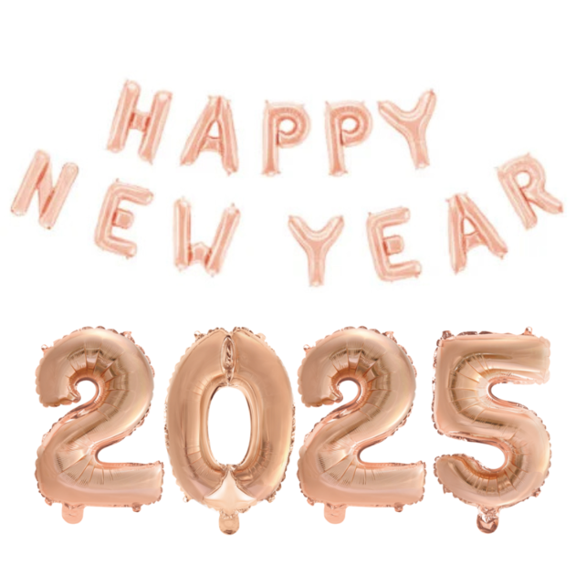 folieballoncijfers roségoud 2025 en Happy New Year letters 350x41 cm incl. gratis 6 ballonnen