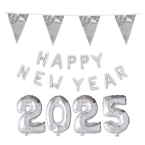 Folieballonnen 2025 & Happy New Year zilver met vlaggenlijn