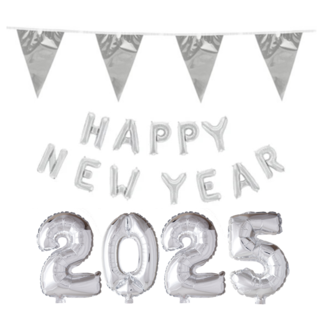 Folieballoncijfers zilver 2025 & Happy New Year letters 350x41 cm met vlaggenlijn zilver incl. gratis 6 ballonnen