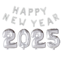 Folieballoncijfers zilver 2025 en Happy New Year letters 350x41 cm incl. gratis 6 ballonnen