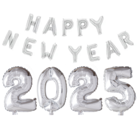 Folieballonnen 2025 & Happy New Year zilver met 6 ballonnen