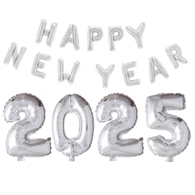 Folieballoncijfers zilver 2025 en Happy New Year letters 350x41 cm incl. gratis 6 ballonnen