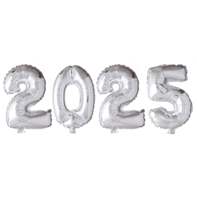 Folieballoncijfers zilver 2025 41cm incl. gratis 6 ballonnen