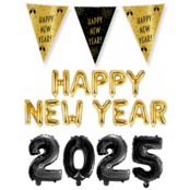 Folieballoncijfers zwart 2025 & Happy New Year letters 350x41 cm met vlaggenlijn Happy New Year incl. gratis 6 ballonnen
