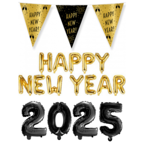 Folieballonnen 2025 & Happy New Year zwart met vlaggenlijn