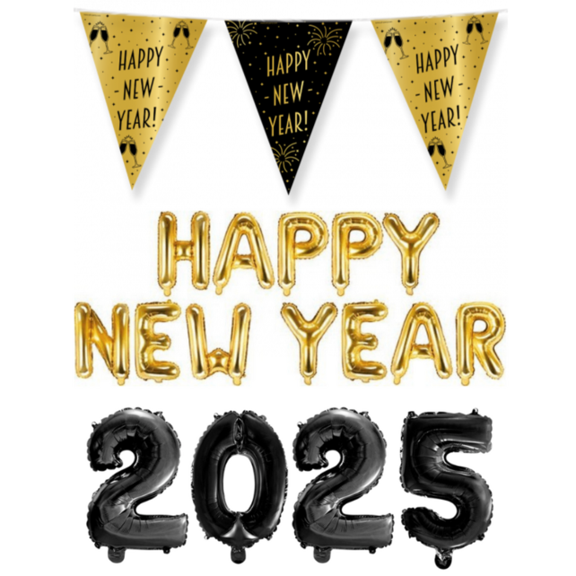 Folieballoncijfers zwart 2025 & Happy New Year letters 350x41 cm met vlaggenlijn Happy New Year incl. gratis 6 ballonnen