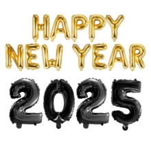 Folieballoncijfers zwart 2025 en Happy New Year letters goud 370x40 cm incl. gratis 6 ballonnen