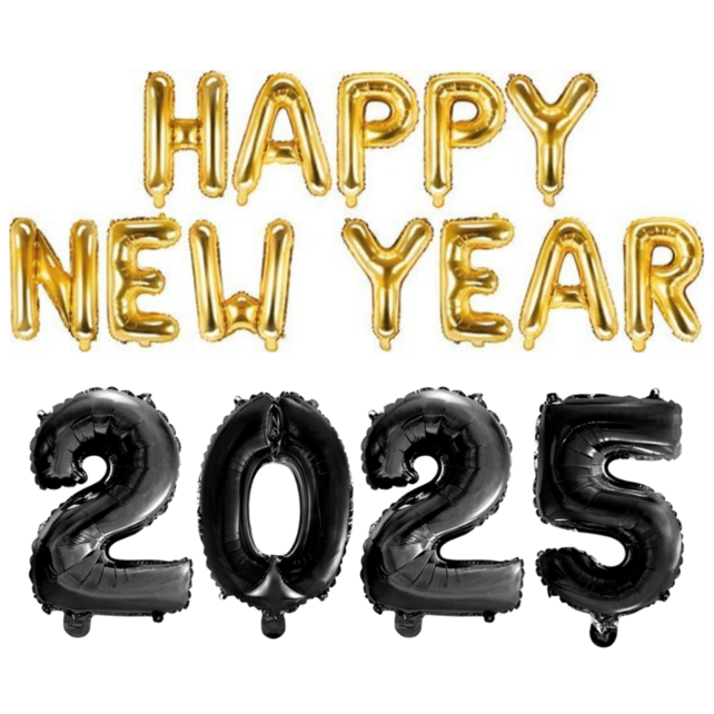 Folieballoncijfers zwart 2025 en Happy New Year letters goud 370x40 cm incl. gratis 6 ballonnen