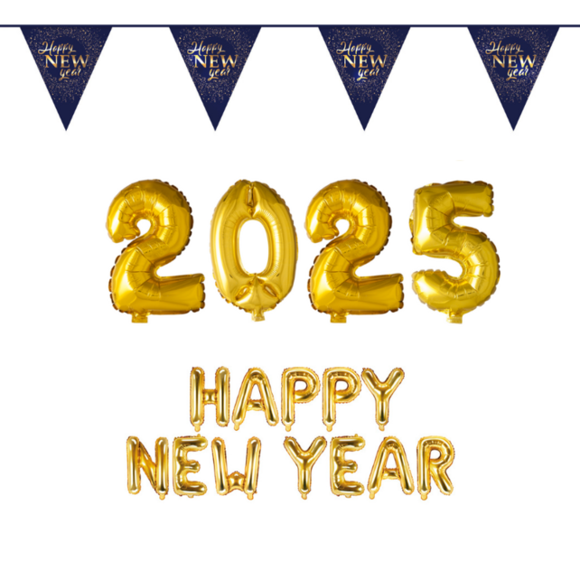Happy New Year Pakket Goud Ballonnen en Vlaggenlijn | Oud & Nieuw Pakket Goud Ballonnen en Vlaggenlijn