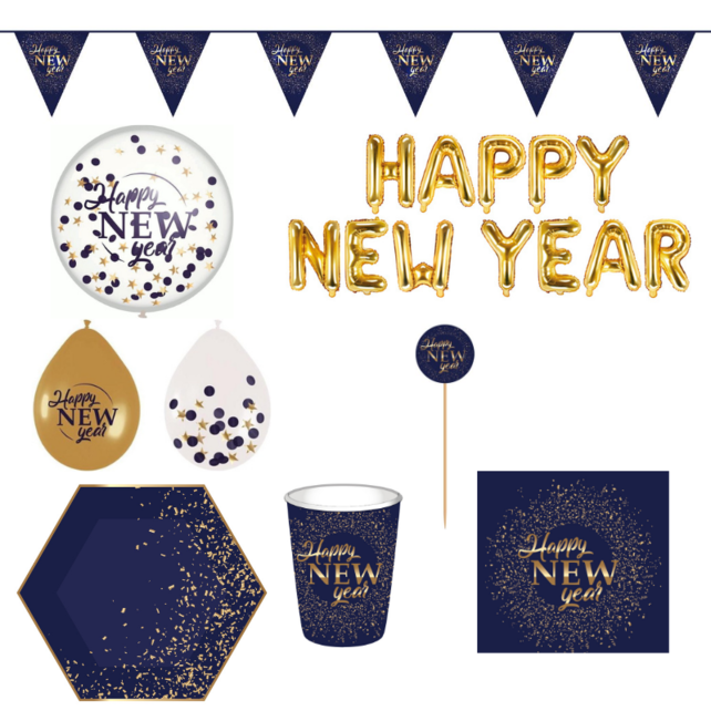 Happy New Year Party pakket Blue & Gold | Oud & Nieuw Party pakket Blue & Gold