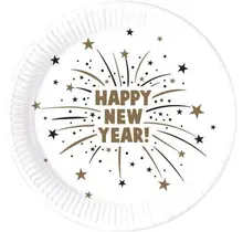 Papieren Happy New Year borden 23cm - set van 8 stuks - feestelijke gouden opdruk