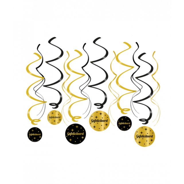 Swirl draaislinger Gefeliciteerd goud zwart 12 stuks Swirl draaislinger Gefeliciteerd goud zwart 12 stuks