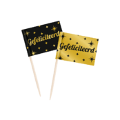 Cocktail prikkers Gefeliciteerd zwart - goud - 50 stuks