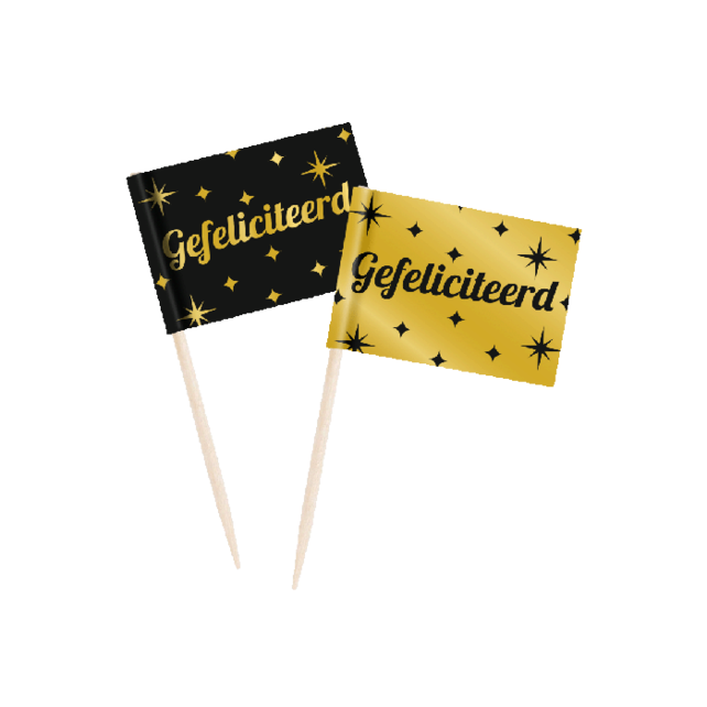 Cocktail prikkers Gefeliciteerd zwart - goud - 50 stuks