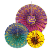 Eid Mubarak luxe papieren waaiers - 3 stuks - Goud, paars & roze