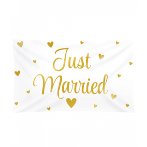 Just Married Gevelvlag - 150x90 cm - Wit met gouden letters