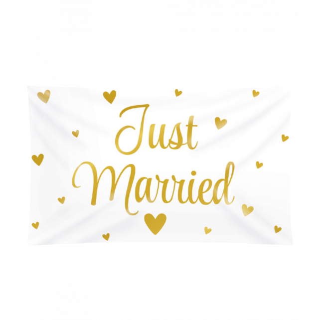Just Married Gevelvlag - 150x90 cm - Wit met gouden letters Just Married