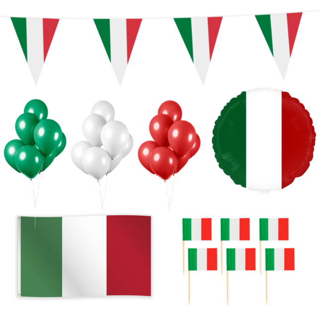 Italië versiering pakket L – vlaggenlijn 10m, gevelvlag, folieballon, 50 prikkers & 10 groene, witte en rode ballonnen