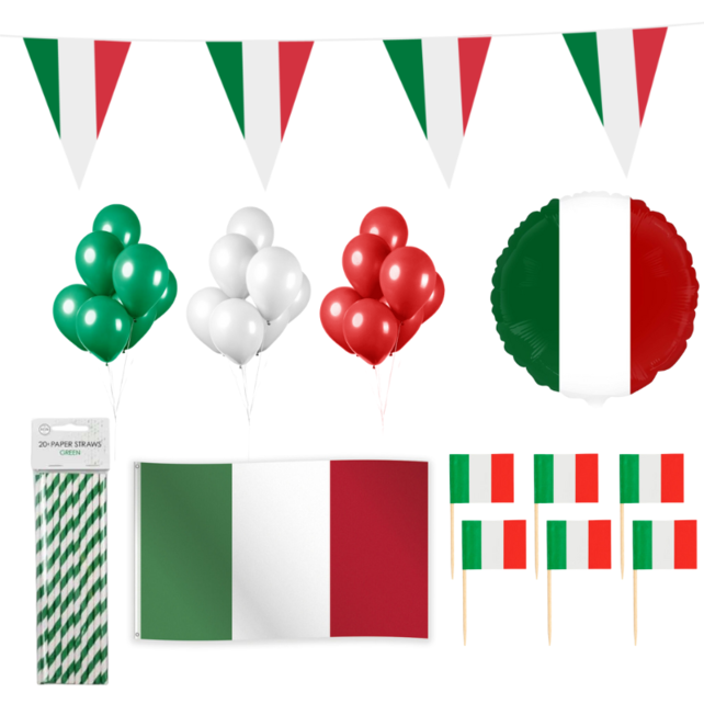 Italië feestpakket XL – vlag, ballonnen, prikkers & rietjes