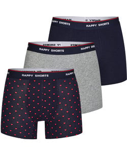 Happy Shorts 3-Pack Boxershorts Heren Hartjes Blauw/Grijs