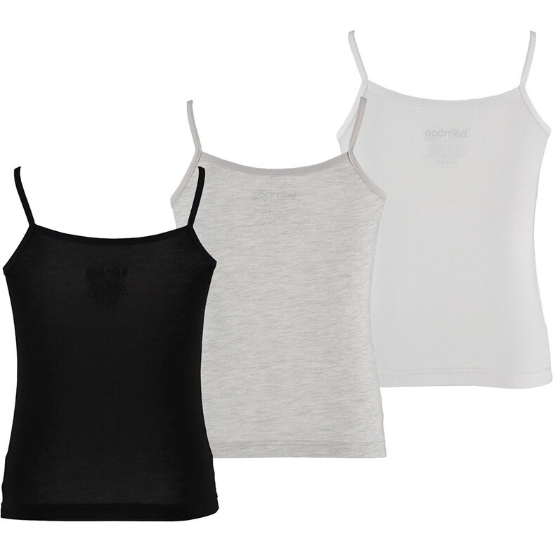 Apollo Apollo Meisjes Bamboe Singlet Hemden 3-Pack Zwart Grijs Wit Spaghettibandjes Onderhemd