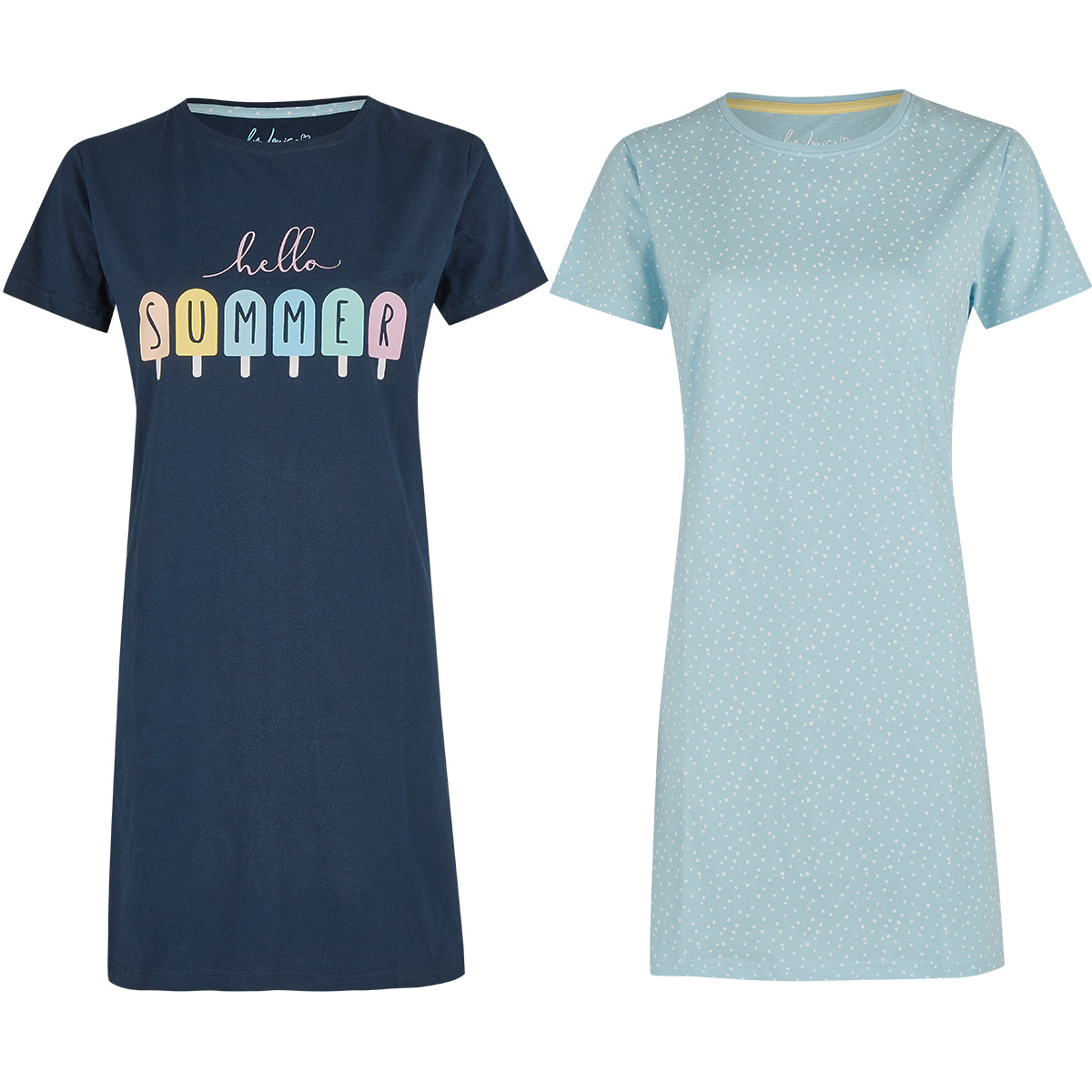 By Louise Nachthemd Dames Set Korte Mouwen Katoen Blauw Hello Summer 2-Pack - Maat L | big shirt | slaaphemd