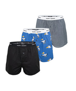 Happy Shorts 3-Pack Wijde Boxershort Zwart Pelikaan Print Blauw