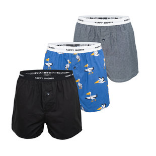 Happy Shorts 3-Pack Wijde Boxershort Zwart Pelikaan Print Blauw