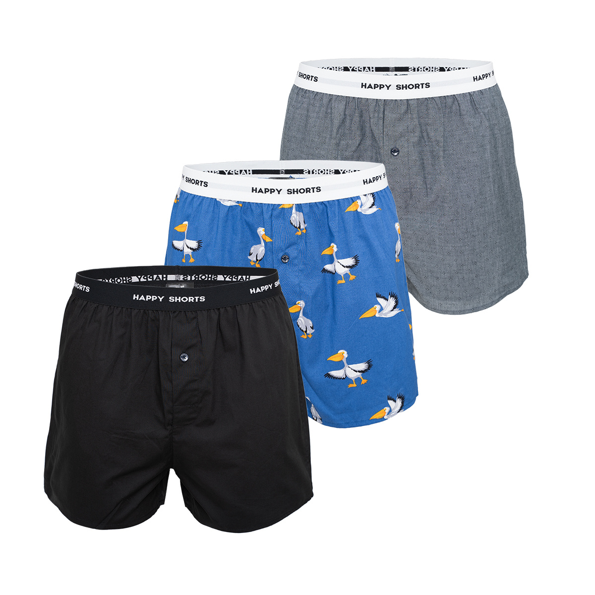 Happy Shorts 3-Pack Wijde Boxershorts Zwart Pelikaan Print Blauw - Maat L - Losse boxershort heren | Losse boxershort
