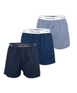 Happy Shorts 3-Pack Wijde Boxershort Gestipt - Geblokt - Effen Blauw