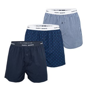 Happy Shorts 3-Pack Wijde Boxershort Gestipt - Geblokt - Effen Blauw