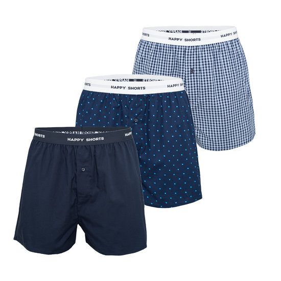 Happy Shorts Happy Shorts 3-Pack Wijde Boxershort Gestipt - Geblokt - Effen Blauw