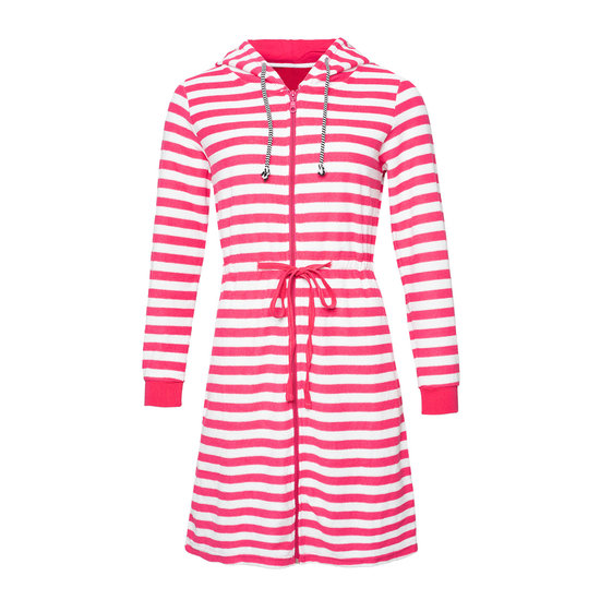 By Louise By Louise Dressing Gown Women's Slim-Fit Terry Cloth With Zipper And Hood Striped Bathrobe Pink