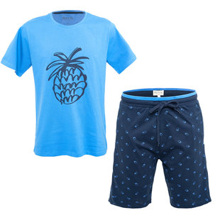 Phil & Co Shortama Heren Korte Pyjama Katoen Blauw Ananas Print