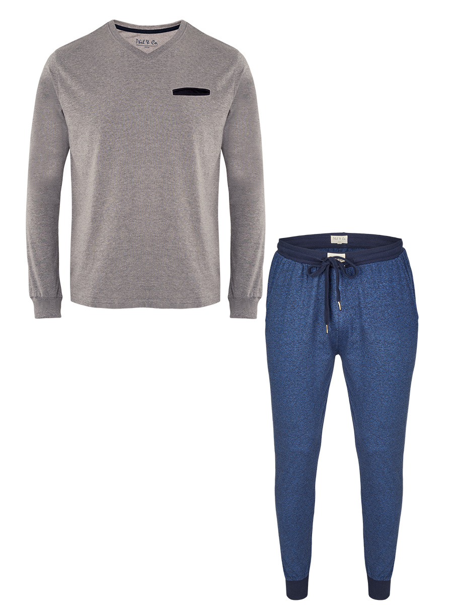 Phil & Co Essential Heren Pyjamaset Lang Grijs / Blauw - Maat L