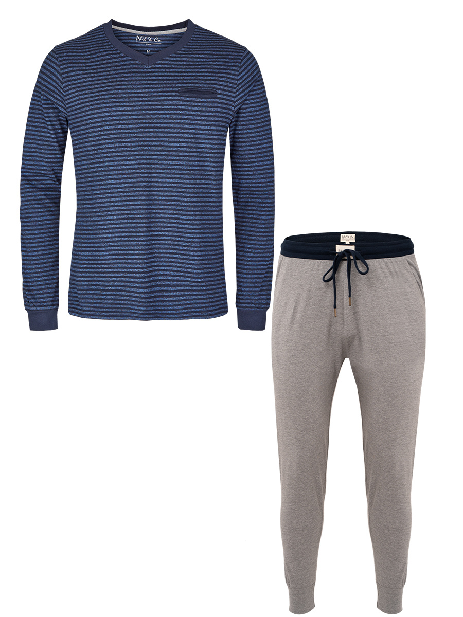 Phil & Co Essential Heren Pyjamaset Lang Blauw / Grijs - Maat L
