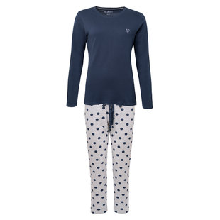 By Louise Essential Dames Pyjama Set Lang Katoen Blauw Gestipt