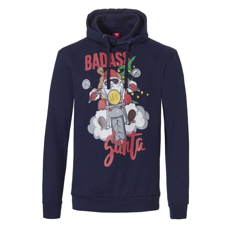 Apollo Mens Christmas Hooded Sweater Badass Santa Hoodie Christmas Print Blauw