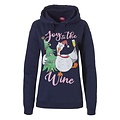 Apollo Dames Kersttrui Met Capuchon Joy The Wine Hoodie Kerst Print Blauw