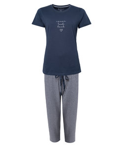 By Louise Essential Capri-Pyjama-Set für Damen, blau mit grau gestreiften 3/4
