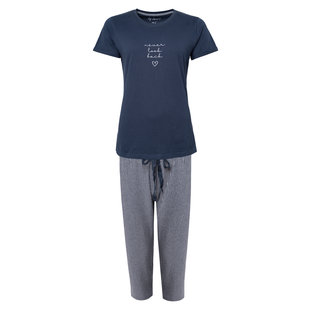 By Louise Essential Dames Capri Pyjama Set Blauw Met Grijs Gestreept 3/4