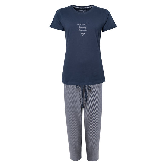 By Louise By Louise Essential Dames Capri Pyjama Set Blauw Met Grijs Gestreept 3/4
