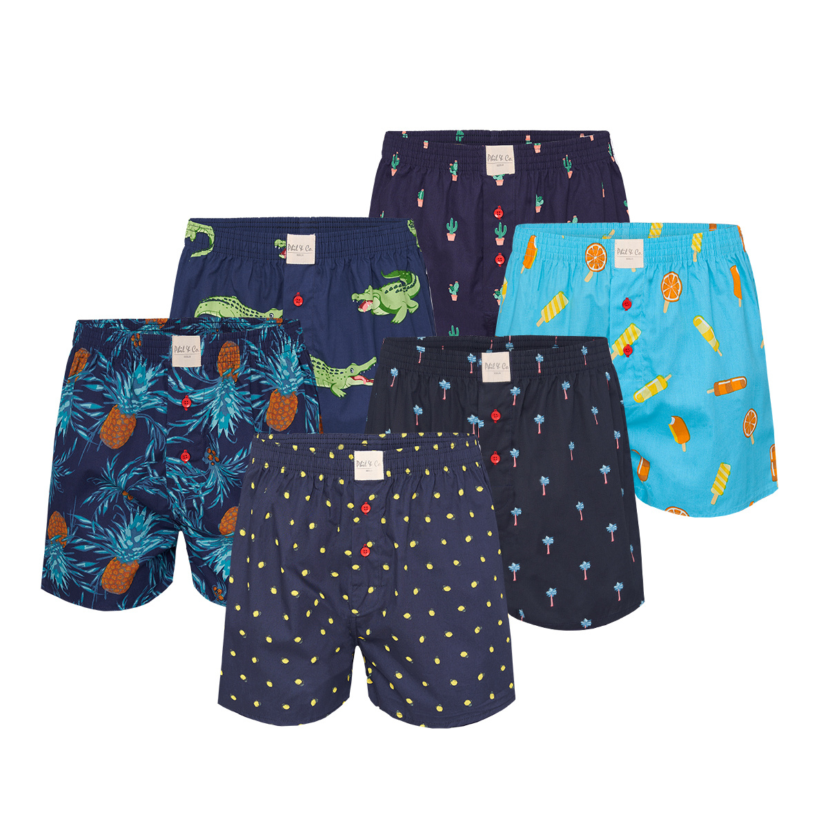 Phil Co Phil Co Wijde Boxershorts Heren 6 Pack Multipack met Print