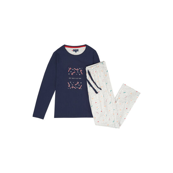 Happy Shorts Happy Shorts Ladies Christmas Pajama Set Shirt Dark Blue With Candy Canes + Gray Pants With Print