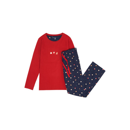 Happy Shorts Happy Shorts Ladies Christmas Pajama Set Shirt Red + Dark Blue Pants With Gingerbread Print