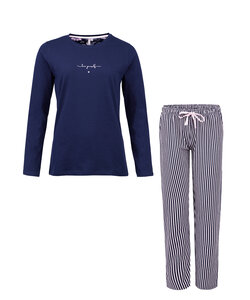 By Louise Ladies Pyjama Set Long Striped Cotton Dark Blue