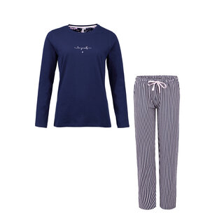 By Louise Ladies Pyjama Set Long Striped Cotton Dark Blue
