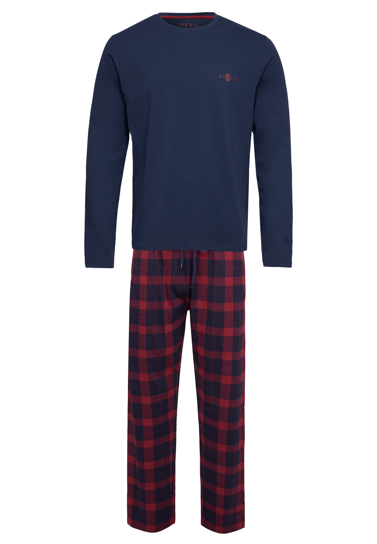 Phil Co Phil Co Lange Heren Winter Pyjama Set Katoen Geblokt Donkerblauw