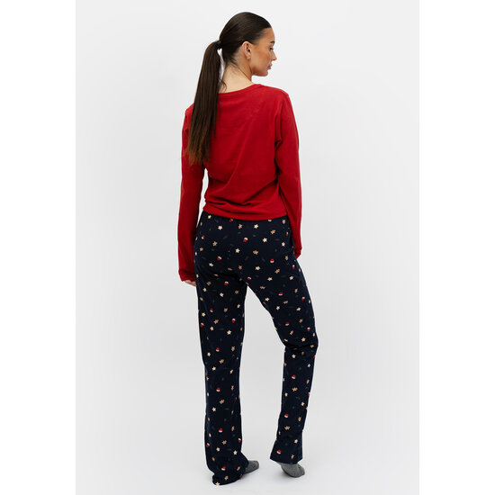 Happy Shorts Happy Shorts Ladies Christmas Pajama Set Shirt Red + Dark Blue Pants With Gingerbread Print