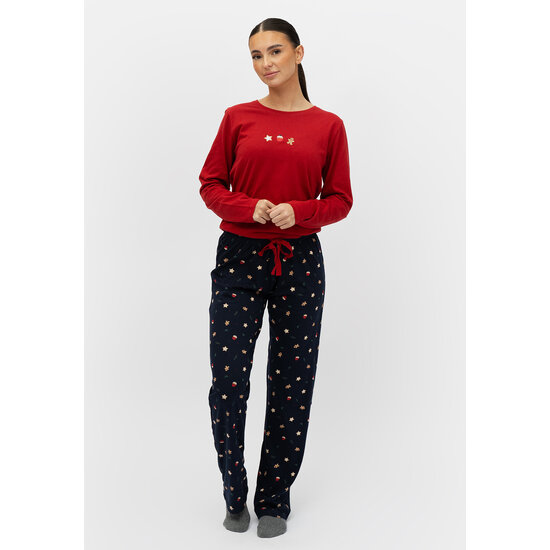 Happy Shorts Happy Shorts Ladies Christmas Pajama Set Shirt Red + Dark Blue Pants With Gingerbread Print